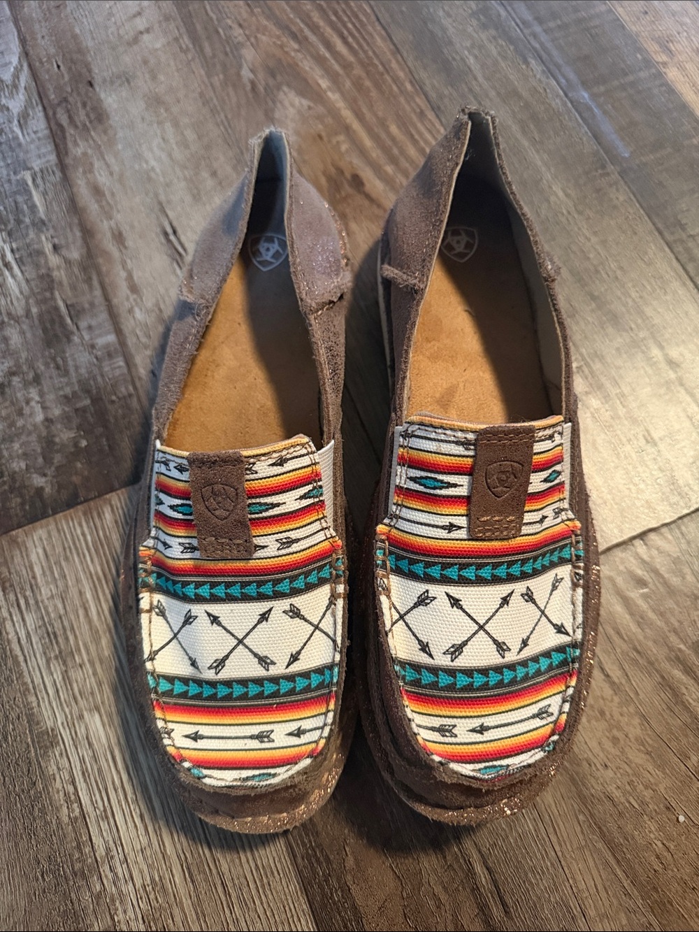 Ariat Brown Suede Slip-On with Colorful Aztec Vamp